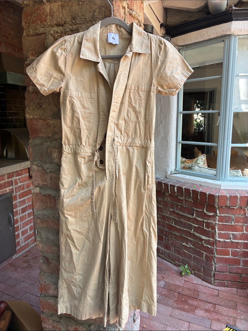 Goop g label Casual Beige Short-Sleeve Utility Jumpsuit